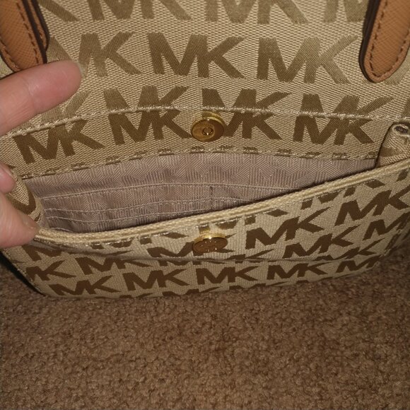 Michael Kors Tan MK Logo Canvas Shoulder Bag W/Brown Leather Trim - Medium Sized - Picture 8 of 15